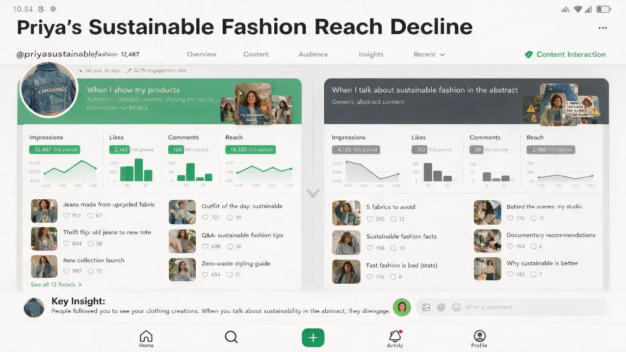 Instagram Insights analytics dashboard showing Priya's sustainable fashion brand reach decline &mdash; left side showing previous months with consistent 8,000-12,000 impressions, 600-900 likes, and 40-60 comments per post, and right side showing the dramatic drop to 1,500-3,000 impressions, 150-300 likes, and 8-15 comments after her content strategy gradually drifted from showing products to talking about sustainable fashion in the abstract &mdash; demonstrating how Instagram reach drops are almost always caused by identifiable and fixable strategy shifts rather than algorithm punishment