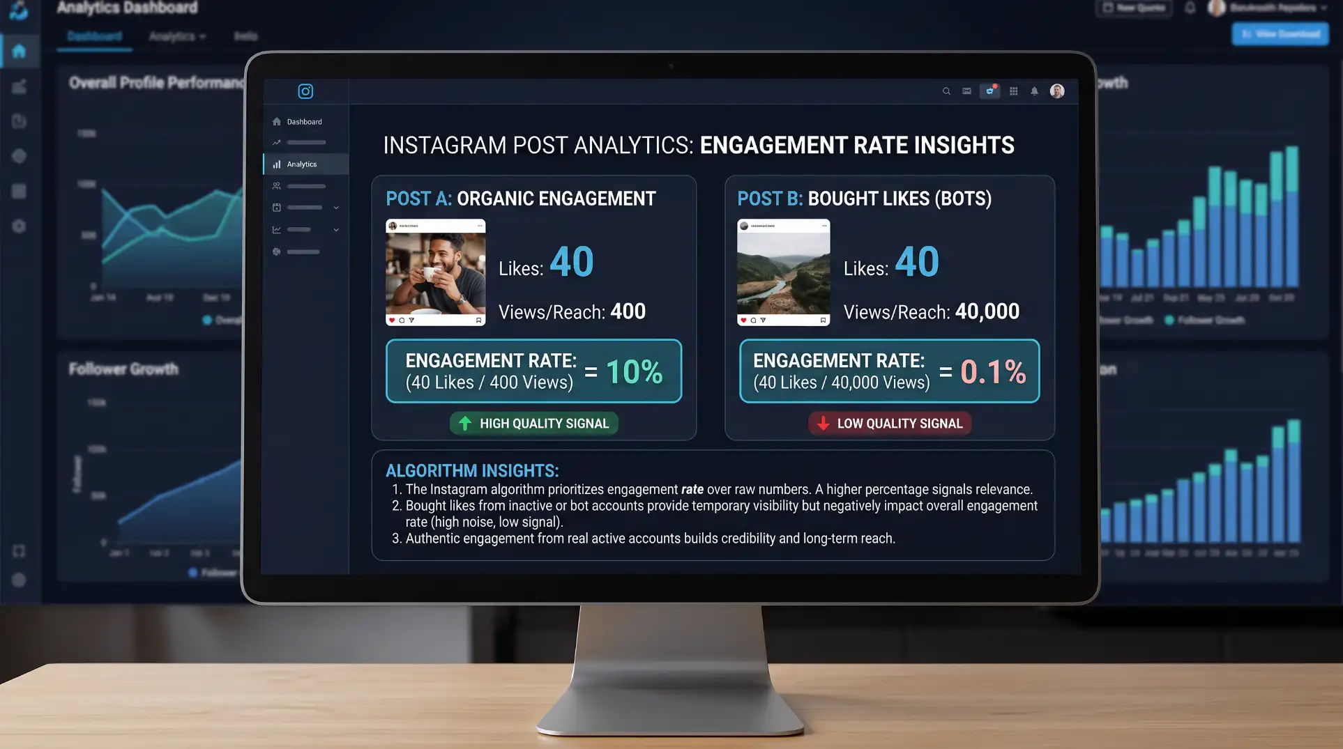 Instagram post analytics dashboard showing the engagement rate calculation &mdash; a post with 40 likes from 400 views showing a 10% engagement rate displayed alongside a post with 40 likes from 40,000 views showing a 0.1% engagement rate, illustrating the core insight that Instagram's algorithm treats likes as a ratio not a raw number, and that what bought likes actually signal to the system depends entirely on whether they come from real active accounts that contribute meaningfully to the engagement quality signal or from bot accounts that add noise without improving the ratio