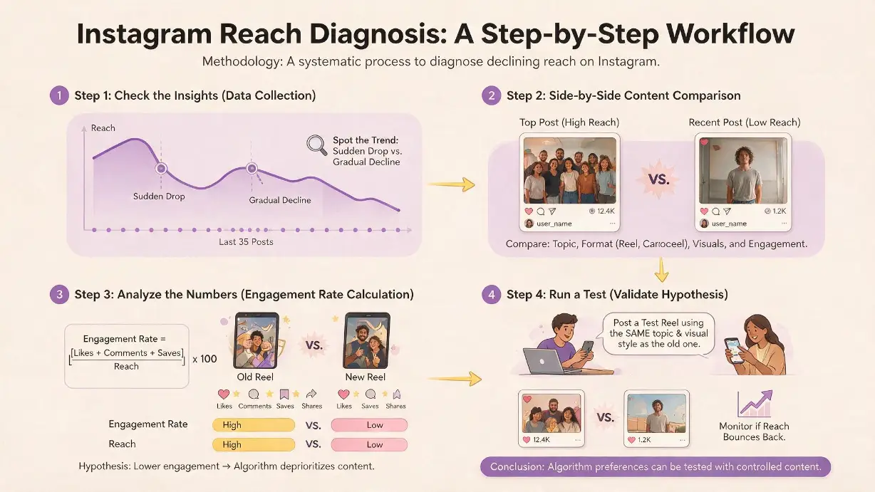 Instagram reach diagnosis workflow showing four analytical steps &mdash; Step 1 checking Instagram Insights for the last 35 posts and noting average reach to spot whether the drop was sudden (indicating a specific event) or gradual (indicating content or strategy drift), Step 2 side-by-side content comparison of posts from three months ago versus recent posts examining topic, image quality, caption style, posting frequency, and engagement differences, Step 3 calculating engagement rate formula of likes plus comments divided by reach to determine whether it's a content quality issue or an algorithm change, and Step 4 posting test content to validate the hypothesis about what specific cause is affecting Priya's sustainable fashion Instagram account