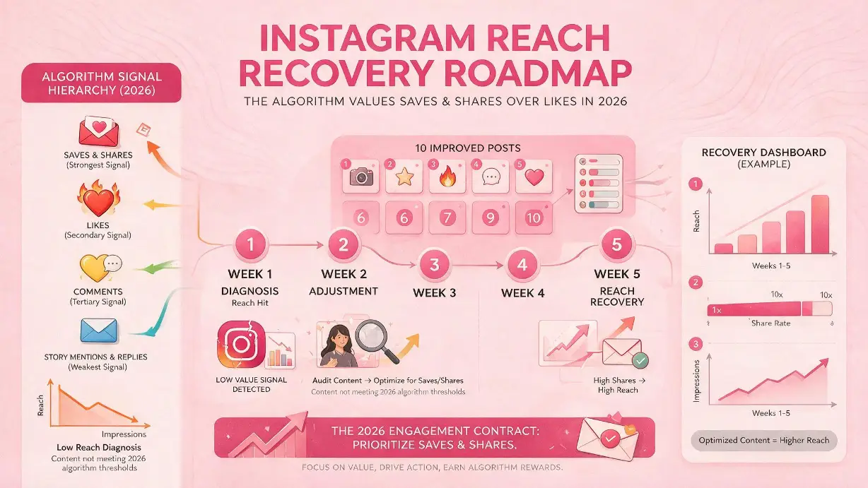 Instagram reach recovery roadmap showing the five-week recovery timeline for Priya's sustainable fashion account &mdash; Week 1 diagnosis identifying the content strategy drift, Week 2 adjusting back to visual product content with improved captions and CTAs, Weeks 3-4 testing 10 improved posts and tracking engagement response, Week 5 seeing reach starting to recover toward baseline &mdash; alongside the key insight summary showing what really causes reach drops versus what is a myth, and the algorithm signal hierarchy showing saves and shares weighted above likes and comments as the signals Instagram cares most about in 2026