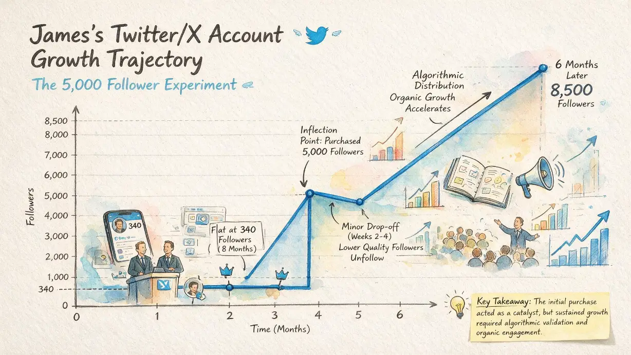 James's Twitter/X account growth trajectory showing the full story of his follower purchase decision &mdash; the flat eight-month period at 340 followers despite quality B2B market insights, the inflection point when he purchased 5,000 followers which gave the algorithm a credibility signal, the gradual organic follower growth in the following weeks as real B2B professionals discovered his content through improved algorithmic distribution, the minor drop-off of lower-quality purchased followers in weeks 2-4, and the sustained growth to 8,500 followers over six months &mdash; alongside his quote explaining that the bought followers solved the momentum problem rather than making him successful
