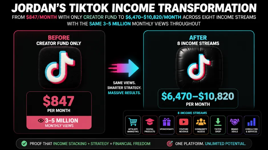 Jordan's TikTok income transformation showing the progression from $847/month with only Creator Fund to $6,470-$10,820/month across eight income streams &mdash; with the same 3-5 million monthly views throughout, demonstrating how strategic income stacking multiplies earnings without requiring more content creation hours or additional audience growth