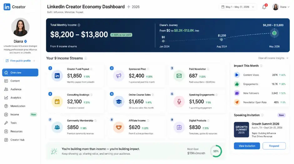 LinkedIn creator economy dashboard in 2026 showing nine simultaneous income streams &mdash; Creator Fund payout, sponsored post from a career development platform, paid newsletter subscriber count, consulting calendar bookings, online course sales, and a speaking engagement invitation &mdash; illustrating the diversified professional monetization strategy that took Diana's 156,000-follower career coaching presence from $0 to $8,200-$13,800 per month