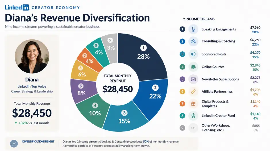 LinkedIn creator economy revenue diversification chart showing nine income streams contributing to Diana's $8,200-$13,800 monthly total &mdash; speaking engagements and consulting as the largest contributors, followed by sponsored posts, online courses, paid newsletter subscriptions, affiliate partnerships, and the Creator Fund as the smallest slice, demonstrating that professional expertise monetizes far beyond any single platform feature