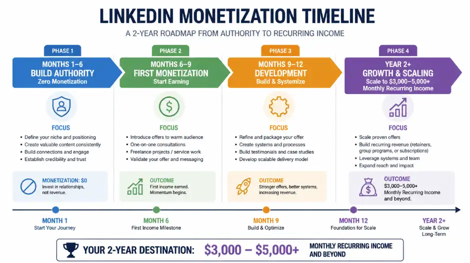 LinkedIn monetization timeline showing four phases over two years &mdash; Months 1-6 building authority with zero monetization attempts and growth to 10,000+ followers, Months 6-9 first monetization through Creator Fund and newsletter launch, Months 9-12 development with paid newsletter tier and first digital products, and Year 2+ growth scaling to $3,000-5,000+ monthly recurring income through diversified professional revenue streams