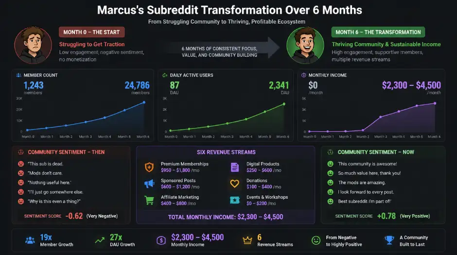 Marcus's subreddit transformation over six months showing community growth alongside monetization &mdash; member count and daily active users both increasing rather than declining, monthly income reaching $2,300-$4,500 across six diversified revenue streams, community sentiment shifting from neutral to actively supportive of monetization, and Marcus able to invest more time into subreddit improvements funded directly by the new sustainable income