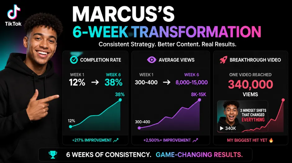Marcus's TikTok six-week transformation showing detailed metrics &mdash; Week 1-4 after hook fixes showing completion rate rising from 12% to 38%, average views climbing from 300-400 to 2,000-5,000, then Weeks 5-6 after adding strategic growth services showing average views of 8,000-15,000 per video, 250-400 new followers per week, and one breakthrough video reaching 340,000 views &mdash; with his comment 'I wasted three months thinking something was wrong with my account' illustrating that low TikTok views is always a content problem, not an algorithm problem