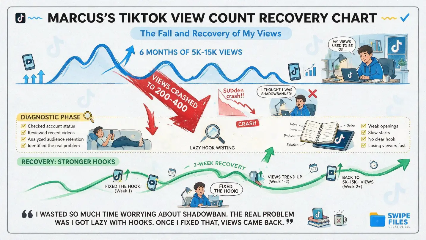 Marcus's TikTok view count recovery chart showing his six-month journey &mdash; consistent 5,000-15,000 views per video baseline followed by the sudden crash to 200-400 views that triggered his shadowban panic, then the diagnostic phase where he identified the real cause as lazy hook writing and content quality slippage rather than a shadowban, followed by the two-week recovery after implementing stronger hooks and improved video retention &mdash; with his quote 'I wasted so much time worrying about shadowban. The real problem was I got lazy with hooks. Once I fixed that, views came back. Shadowban was never the problem.'