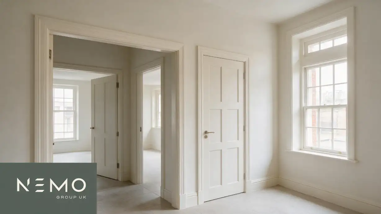 Nemo Group UK completed renovation project showing a beautifully finished interior space &mdash; fresh paint on walls and woodwork, clean and professional execution visible in every detail, representing the standard of work that Nemo Group UK now consistently documents and posts on social media as part of their trust-building strategy, the same approach that has gradually converted their online presence from an afterthought into a genuine business development channel that potential clients consult before picking up the phone