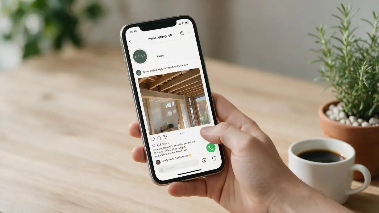 Person on a smartphone browsing a trades company's Instagram profile before making a call &mdash; scrolling through recent project photos, before-and-after renovation images, and reading comments to see how the company responds to questions, illustrating the research process that Nemo Group UK discovered their potential clients always complete before making contact and which fundamentally changed how the team thought about social media as a trust-building tool rather than a marketing afterthought