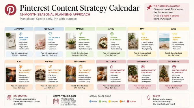 Pinterest content strategy calendar showing a 12-month seasonal planning approach &mdash; January for New Year organisation and renovation content, March-April for spring cleaning and garden planning, July-September for fall decorating content posted 6-8 weeks ahead of season, and October-November for holiday hosting content, demonstrating the seasonal keyword timing strategy that drove Sophie's traffic from 600-800 to 8,400 monthly visits