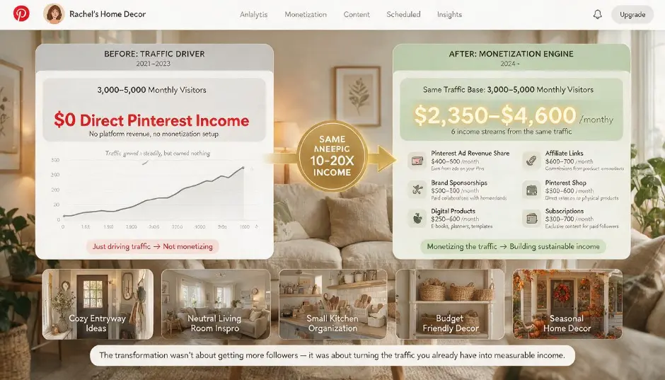 Pinterest creator dashboard showing Rachel's home decor account income transformation &mdash; left panel showing two years of Pinterest used only as a traffic driver with $0 direct Pinterest income despite 3,000-5,000 monthly visitors, and right panel showing her six income streams after strategy restructuring: Pinterest Ads Fund, affiliate commissions from pins, sponsored brand partnerships, blog monetization, email list conversions, and digital product sales &mdash; totalling $2,350-$4,600 per month from the same Pinterest traffic base