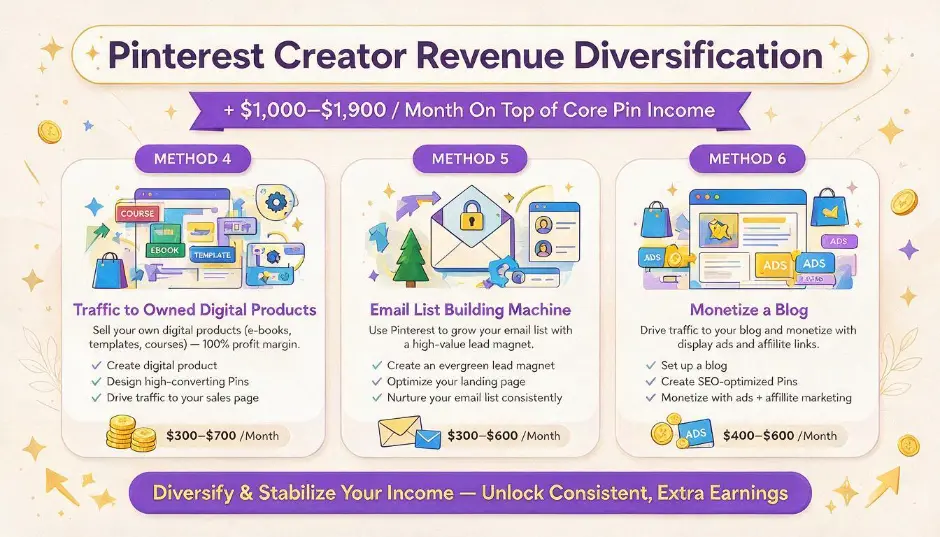 Pinterest creator revenue diversification diagram showing three additional income streams beyond pin monetization &mdash; Method 4 driving Pinterest traffic to owned digital products and getting 100% of revenue, Method 5 using Pinterest as an email list building machine with a lead magnet getting ongoing daily signups from high-intent searchers, and Method 6 monetizing a blog through Pinterest traffic using both display ads and affiliate marketing &mdash; with Rachel's combined totals showing these three methods adding $1,000-1,900 per month on top of her core pin income
