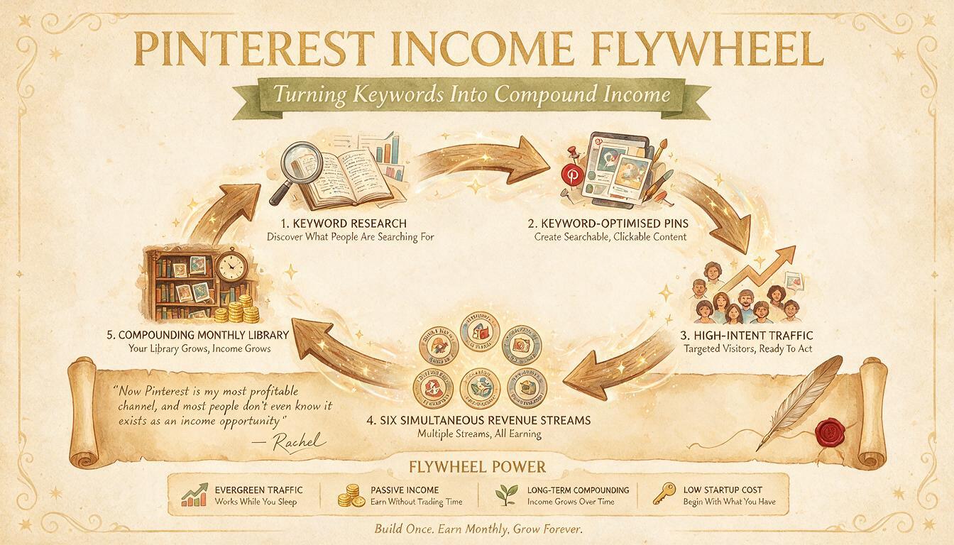 Pinterest income formula illustration showing the search-first flywheel &mdash; starting with keyword research to find what high-intent buyers are searching for, creating keyword-optimised pins that Pinterest recommends to those searchers, multiple monetization methods capturing that traffic at different stages of the buyer journey, and the compounding effect where each month's pins add to a growing library of evergreen content that generates passive income &mdash; accompanied by Rachel's quote 'Now Pinterest is my most profitable channel, and most people don't even know it exists as an income opportunity'
