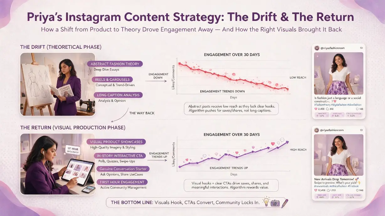 Priya's Instagram content strategy comparison showing the two phases of her account &mdash; the drift phase where she gradually shifted from visual product showcases of her sustainable fashion pieces to abstract written content about sustainable fashion theory, with the engagement decline shown in parallel as her audience responded less to the less visual content, and the recovery phase where she returned to product-focused visual content with genuine calls to action and active comment engagement in the first hour after posting, showing the gradual three-week recovery back toward her baseline engagement metrics