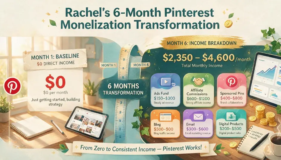 Rachel's Pinterest monetization transformation over six months &mdash; the left side showing her two-year baseline of $0 direct Pinterest income despite consistent 3,000-5,000 monthly visitors, and the right side showing her month-six income breakdown: Pinterest Ads Fund $150-300, affiliate commissions $600-1,200, sponsored pins $400-800, blog monetization $500-800, email list conversions $300-600, and digital product sales $200-500 &mdash; totalling $2,350-$4,600 per month from the same traffic base with a completely restructured monetization strategy
