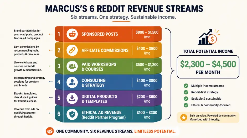 Reddit monetization income stack diagram showing Marcus's six revenue streams working together &mdash; sponsored posts from coding education platforms, affiliate commissions from developer tools, paid workshops and courses, consulting services for community members, digital product sales, and ethical ad revenue &mdash; totalling $2,300-$4,500 per month from a 187,000-member programming subreddit, with each stream reinforcing community trust rather than extracting from it