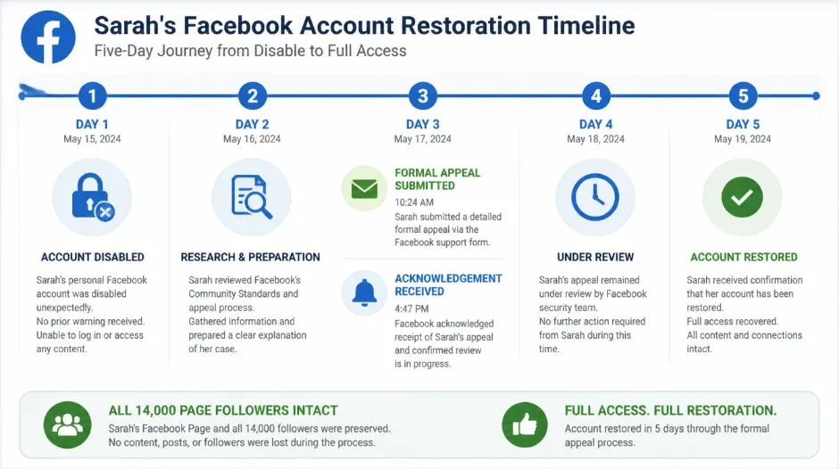 Sarah's Facebook account restoration timeline showing the five-day sequence from account disabling to successful restoration &mdash; Day 1 discovering the disable and clicking Request Review, Day 3 submitting the professional formal email appeal explaining the international travel that triggered false suspicious activity detection, Day 3 receiving automated acknowledgement, and Day 5 account fully restored with all 14,000 page followers intact and all Messenger history preserved &mdash; with Sarah's quote 'If I'd known there was an actual way to appeal, I wouldn't have spent those days thinking I'd lost everything'