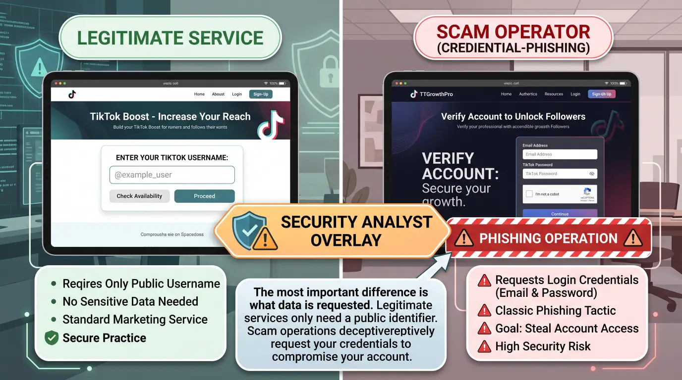 Security comparison showing a legitimate TikTok follower service interface on the left requiring only a public username or profile link with no password field and gradual delivery options showing real account quality indicators &mdash; versus a scam operator site on the right disguised as a professional marketing company but featuring a login credentials form requesting TikTok email address and password to 'verify account and speed delivery', with a security analyst overlay identifying this as a credential-phishing operation that steals accounts rather than delivering followers &mdash; making clear that the password rule is the single most important safety measure in the entire follower-buying market regardless of any other considerations