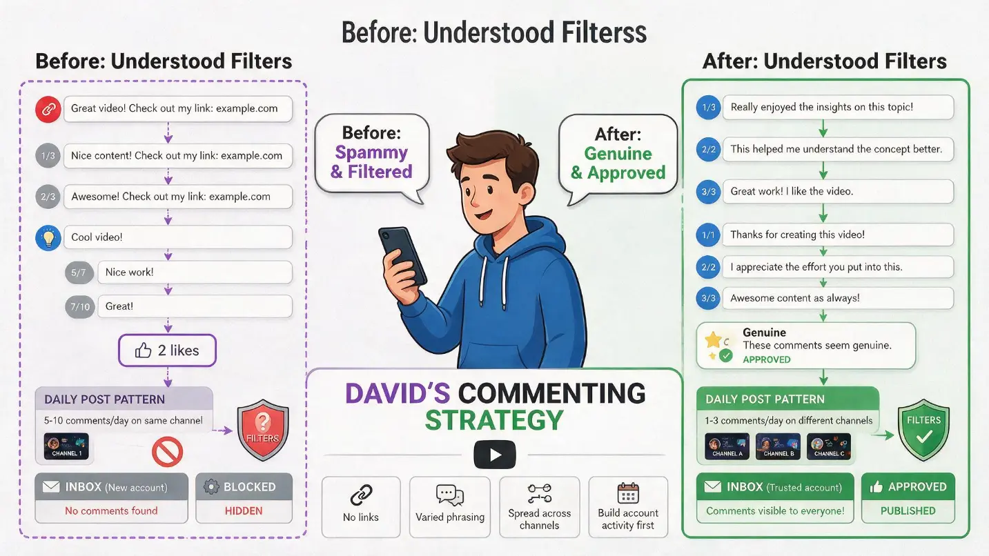 Side-by-side comparison of David's commenting approach before and after understanding YouTube's automated filter system &mdash; on the left his previous approach showing comments with links, similar phrasing across multiple videos, 5-10 daily comments on the same channel, and a new account with no watch history; on the right his adjusted approach showing conversational comments without links, varied wording specific to each video, 1-3 comments spread across different channels, and account activity built up before heavy engagement &mdash; demonstrating how none of the changes required improving content quality, only changing the patterns that automated filters were trained to flag