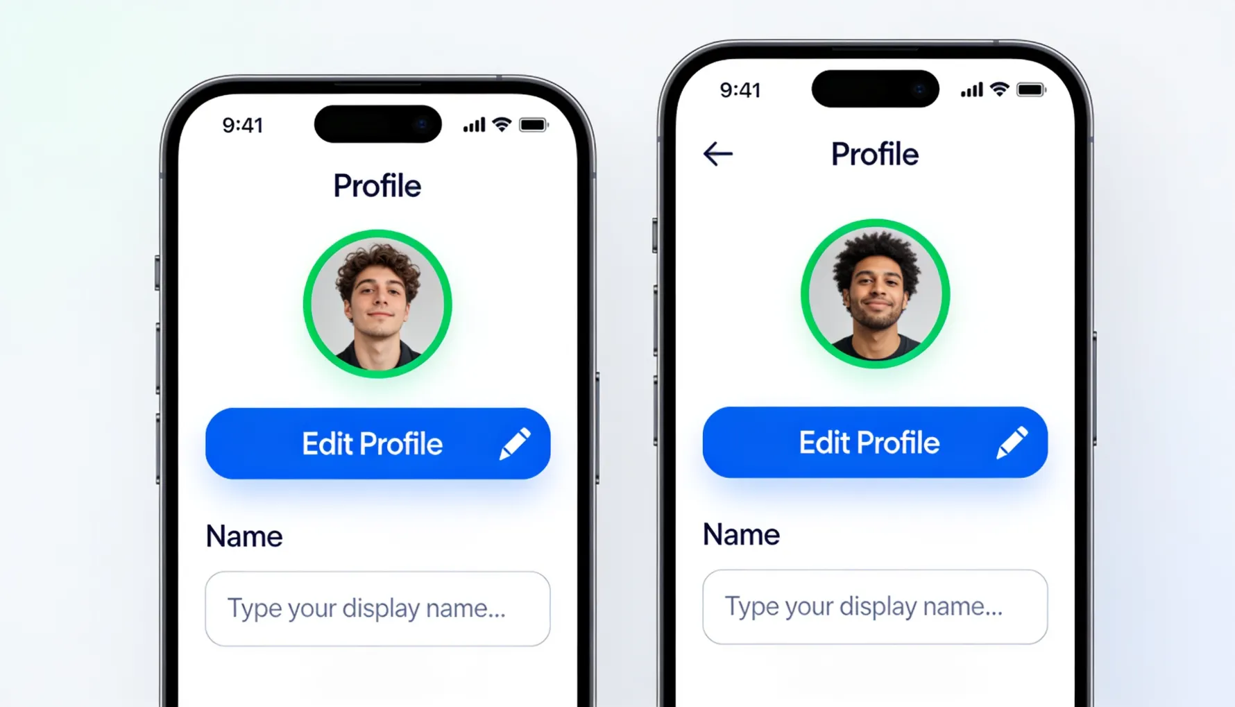 Side-by-side comparison of Spotify mobile interface on iPhone and Android showing the profile page with the Edit Profile button highlighted, the pencil icon for editing, and the Name field where users type their new display name &mdash; demonstrating the two-tap process for changing your Spotify name on mobile devices in 2026
