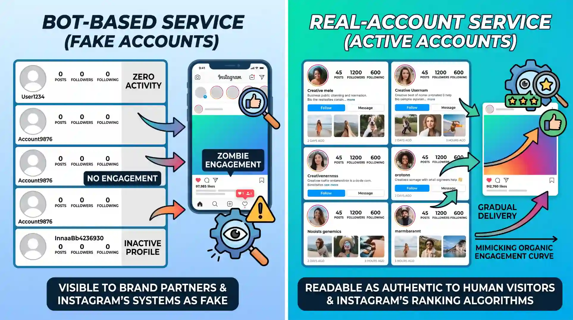 Side-by-side comparison of two types of Instagram likes services &mdash; on the left a bot-based service showing fake accounts with no profile pictures, zero posts, no followers, and no activity that adds noise without improving engagement quality, creates 'zombie engagement' visible to brand partners and Instagram's systems, and can drag down profile-level engagement quality signals; on the right a real-account service showing aged active accounts with genuine post history, gradual delivery that mimics organic engagement curves, and engagement that reads as authentic to both human visitors and Instagram's ranking algorithms &mdash; illustrating why source quality is the single most important variable when evaluating any Instagram likes service