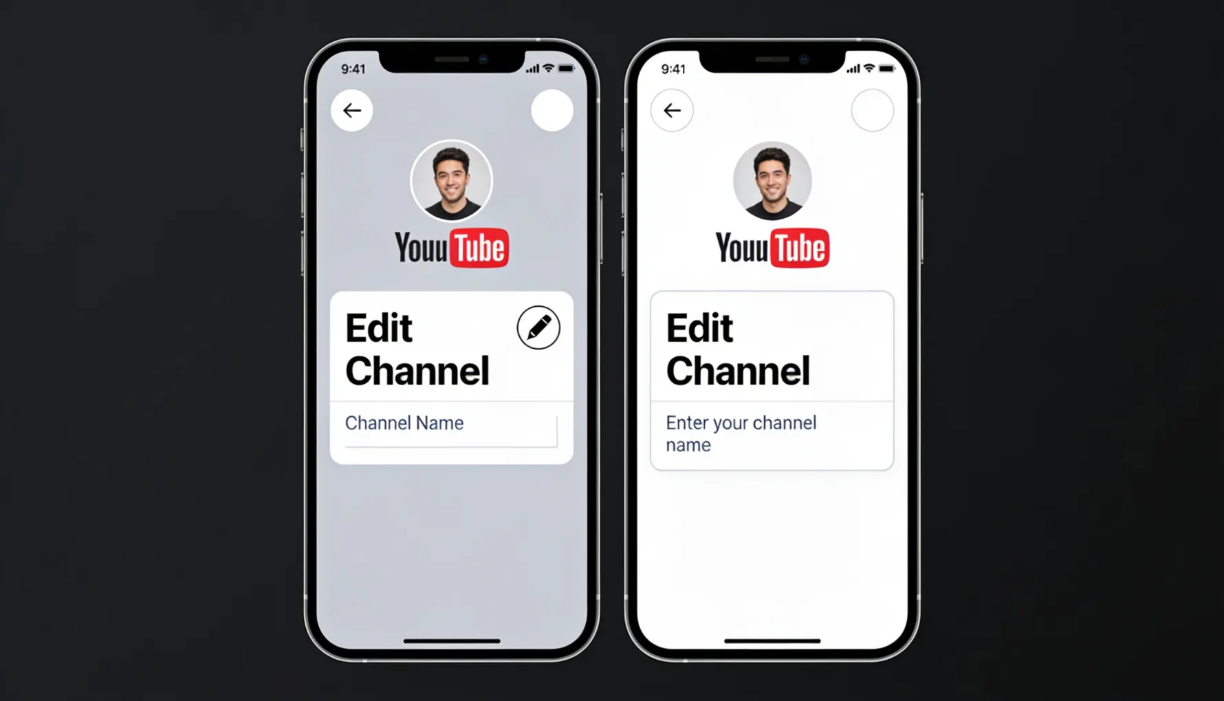 Side-by-side comparison of YouTube app on iPhone and Android showing the process of changing the channel name on mobile &mdash; the profile icon in the bottom-right, the Edit Channel option with a pencil icon, and the Channel Name text field where creators type their new channel name before tapping Save &mdash; illustrating that the mobile process mirrors desktop but with slightly different navigation