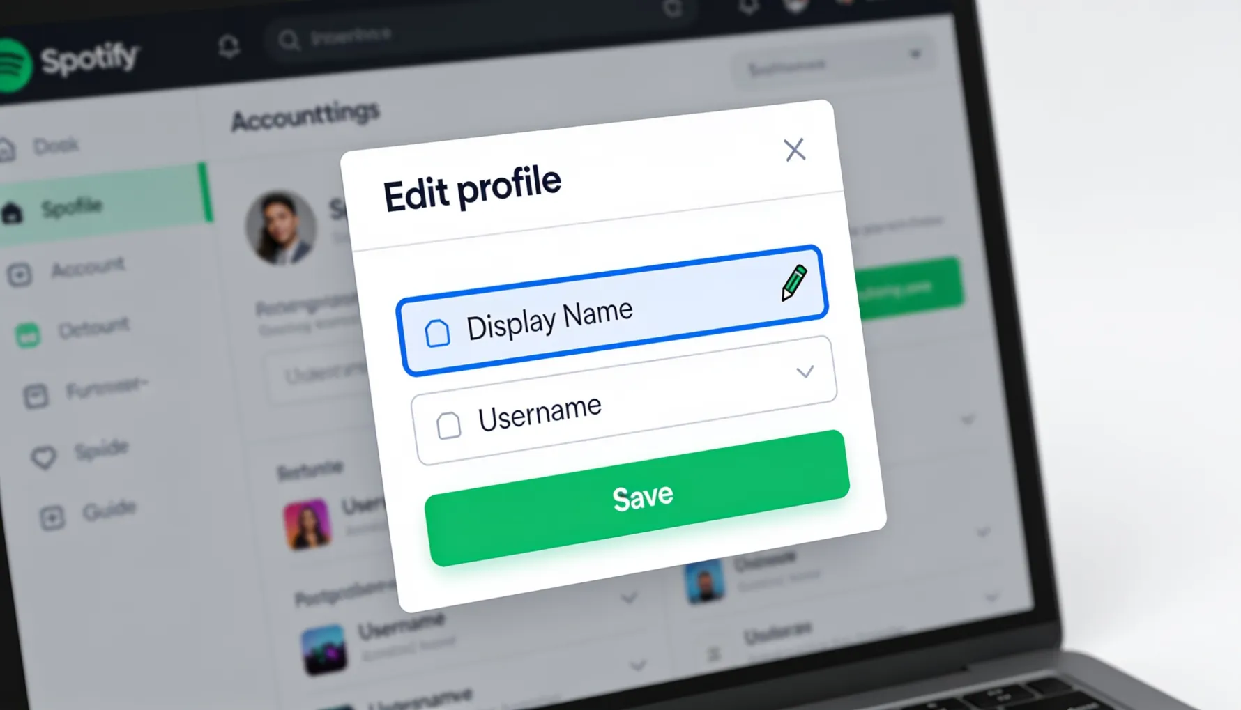 Spotify profile page on desktop showing the profile settings area where users can edit their display name and username, with the account settings panel open highlighting the name field that can be clicked to edit &mdash; illustrating that changing your Spotify name takes under two minutes once you know where to find the edit option