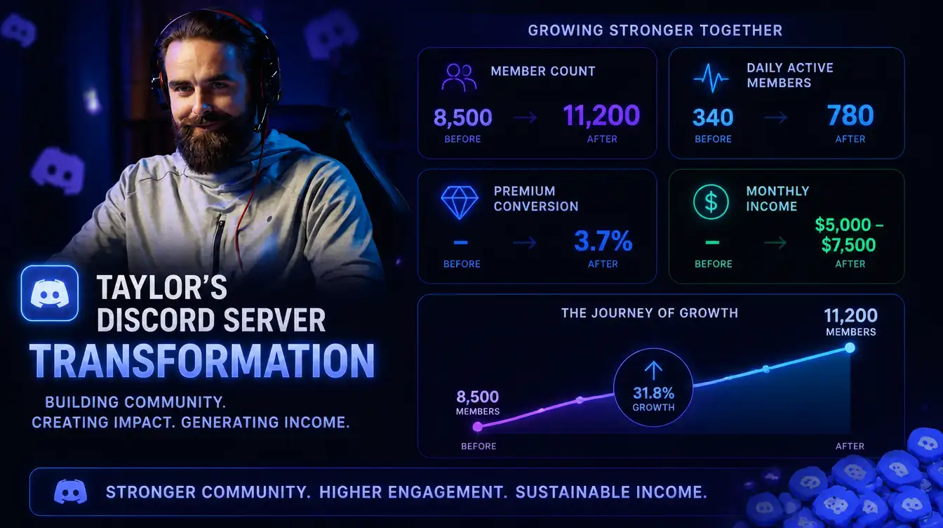 Taylor's Discord server transformation over six months showing the community growing stronger alongside income &mdash; member count increasing from 8,500 to 11,200, daily active members rising from 340 to 780, premium conversion at 3.7% (320 members), and monthly income reaching $5,000-$7,500 across six revenue streams, demonstrating that smart monetisation strengthens rather than weakens Discord communities