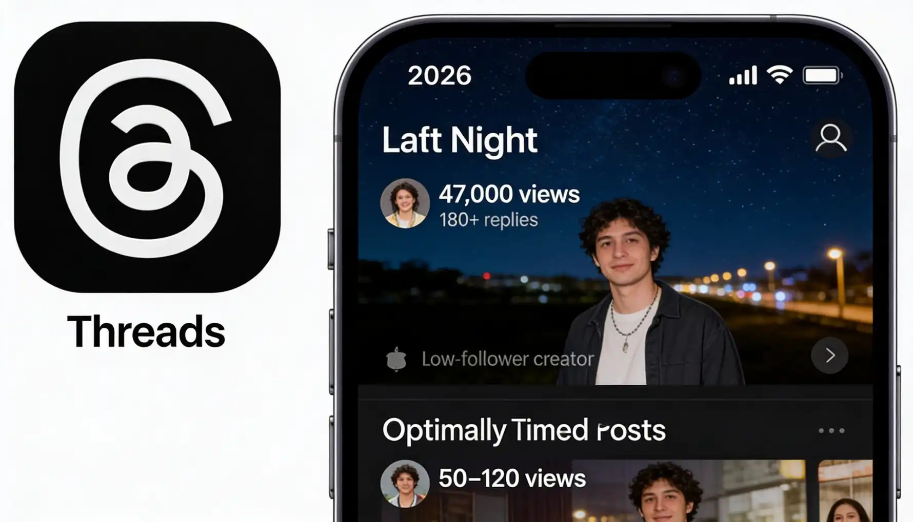 Threads app feed in 2026 showing the algorithm's meritocratic distribution &mdash; a late-night post with 47,000 views and 180+ replies from a creator with few followers outperforming optimally-timed posts with only 50-120 views, illustrating how Threads rewards genuine conversation depth over posting time optimisation