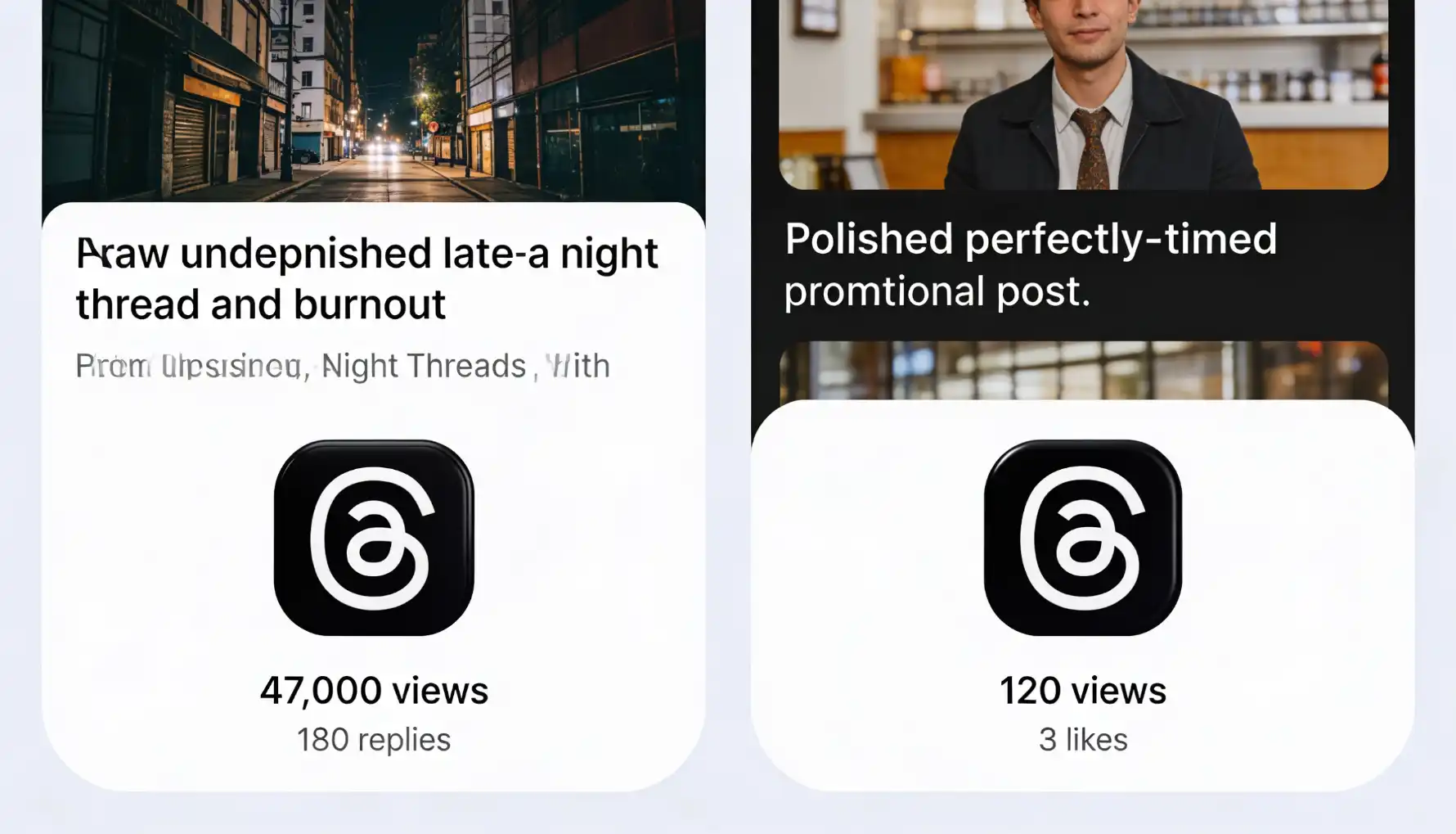 Threads app interface showing authentic creator content &mdash; a raw, unpolished late-night thread about burnout with 47,000 views and 180 replies next to a polished, perfectly-timed promotional post with 120 views and 3 likes, visually demonstrating that Threads' algorithm rewards vulnerability and genuine conversation over production quality or timing optimisation