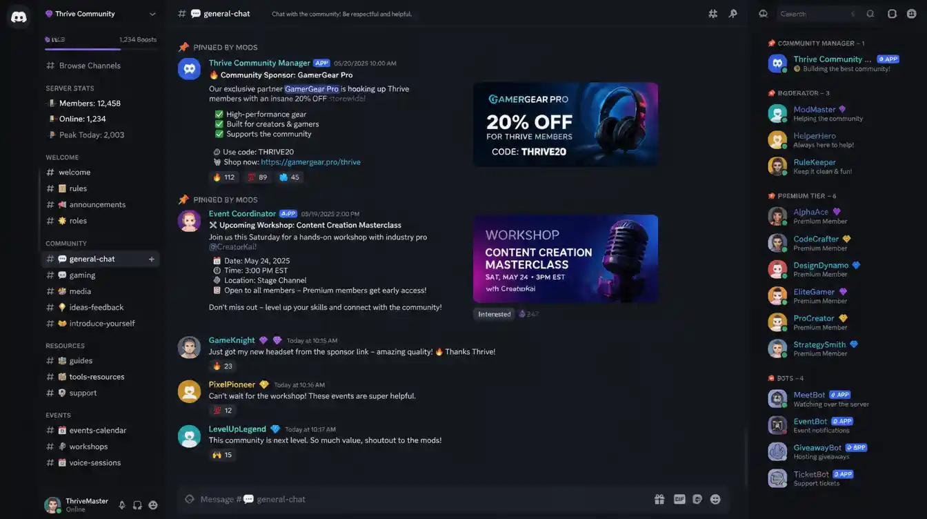 Thriving Discord server community view showing active text channels with engaged members helping each other, a premium tier badge next to member names, a pinned sponsor announcement offering community-exclusive discounts, and workshop event announcements &mdash; capturing what a successfully monetised Discord community looks like when income methods add value rather than extract it