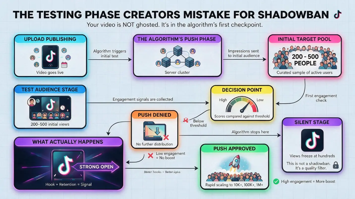 TikTok algorithm flowchart showing the testing phase that creators mistake for a shadowban &mdash; when a new video is uploaded TikTok tests it with a small audience of 200-500 people and measures completion rate, likes, comments, and shares within the first few hours, and if those engagement metrics fall below threshold the video doesn't get expanded distribution and only shows the test-audience views, which looks exactly like a shadowban to the creator but is actually just an algorithm quality filter that can be fixed by improving hooks and retention rather than worrying about shadowbans