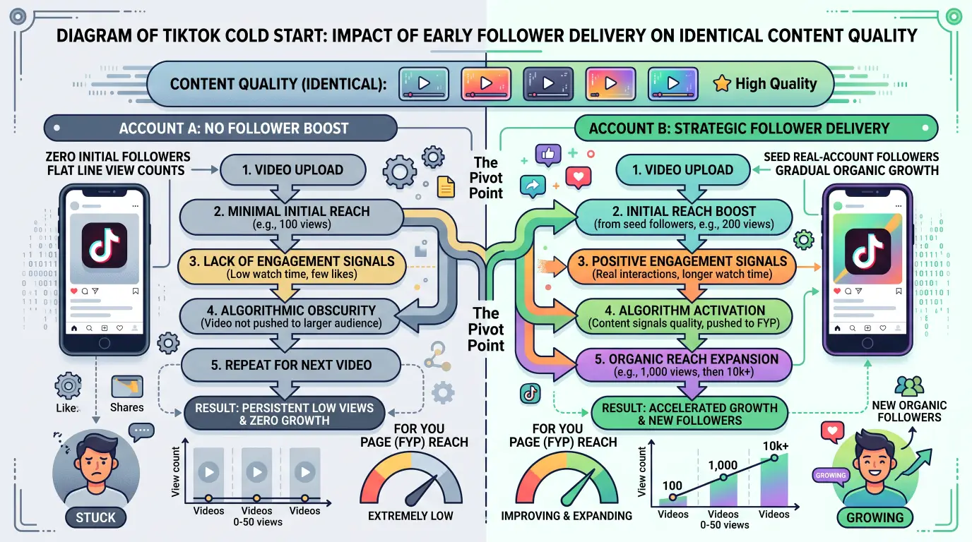 TikTok cold start problem diagram showing two new accounts with identical content quality side by side &mdash; the first account sitting in algorithmic obscurity with zero followers and the For You Page algorithm having no engagement history to reference, resulting in minimal reach and flat view counts week over week; the second account having received gradual real-account follower delivery establishing initial credibility signals that give the algorithm confidence to begin distributing content more widely, showing improving For You Page reach and growing organic view counts &mdash; illustrating that the cold start problem is the real reason buying TikTok followers exists as a tactic, not for vanity metrics but to provide the initial audience signal that helps the algorithm begin recommending content to genuinely interested users