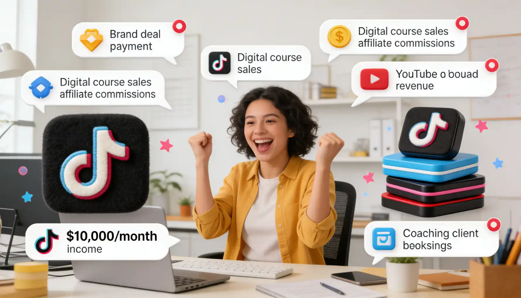 TikTok creator at a workspace celebrating reaching $10,000/month income milestone with multiple revenue stream notifications visible &mdash; brand deal payment, digital course sales, affiliate commissions, YouTube ad revenue, and coaching client bookings all arriving simultaneously, representing what strategic income stacking looks like when all 12 TikTok monetisation methods are working together