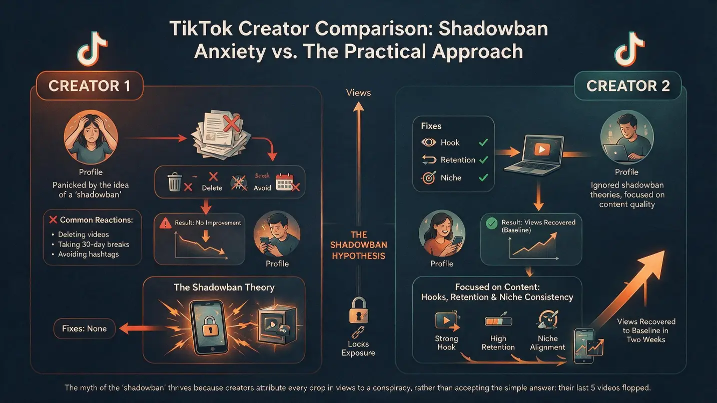 TikTok creator comparison showing two accounts &mdash; the first focusing on shadowban anxiety by deleting videos, taking 30-day breaks, avoiding hashtags, and leaving engagement pods, with no improvement in views after six weeks; and the second ignoring shadowban theories and instead working on hook quality, retention optimisation, posting consistency, and niche clarity, with views recovering to baseline within two weeks &mdash; demonstrating that content improvement is more effective than shadowban avoidance tactics in the vast majority of cases