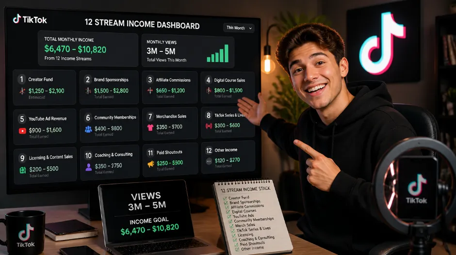 TikTok creator reviewing multiple income streams on a dashboard &mdash; Creator Fund, brand sponsorship payments, affiliate commissions, digital course sales, YouTube ad revenue, and community membership fees all visible simultaneously, illustrating the 12-stream income stack that transforms 3-5 million monthly views into $6,470-$10,820 per month