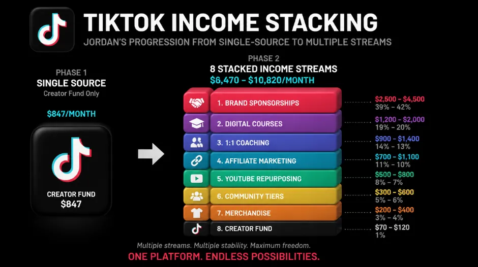 TikTok income stacking diagram showing Jordan's progression from single-source Creator Fund income of $847/month to eight stacked revenue streams reaching $6,470-$10,820/month &mdash; with brand sponsorships as the largest block, followed by digital courses, coaching, affiliates, YouTube repurposing, community tiers, merchandise, and Creator Fund as the smallest slice