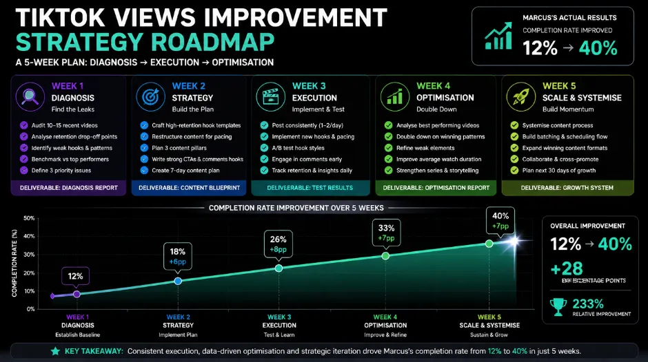 TikTok views improvement strategy roadmap showing a five-week plan &mdash; Week 1 diagnosis phase checking completion rates and benchmarking competitors, Week 2 experimenting with five videos focused on first-second hooks, Weeks 3-4 executing with ten videos using improved hooks and 60-90 second format, and Week 5 onwards optimizing winning formats and considering growth services for plateau breakthrough &mdash; illustrated as a progressive improvement chart with Marcus's actual completion rate improvement from 12% to 40%