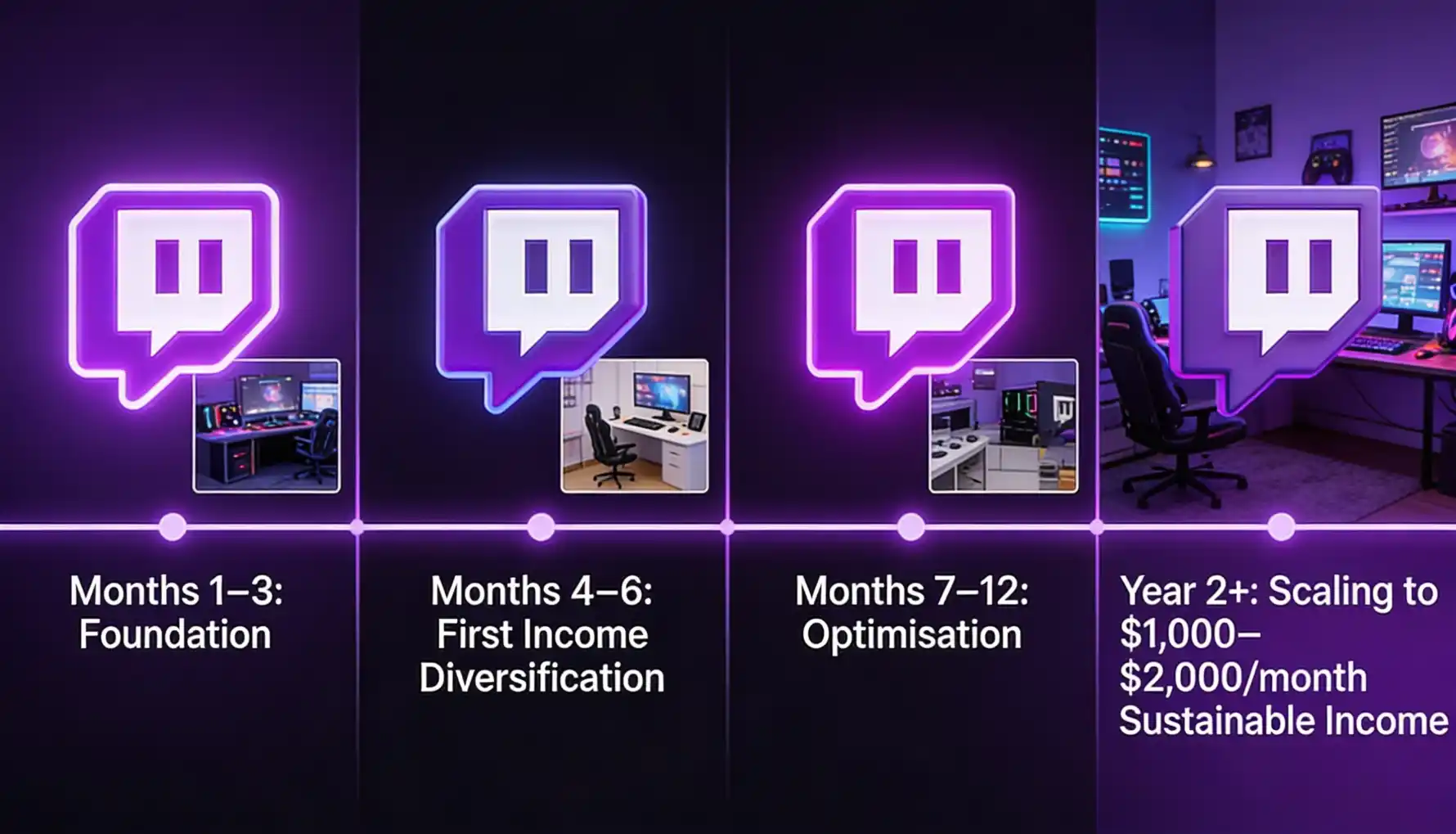 Twitch streamer income growth timeline showing four phases over 24 months &mdash; Months 1-3 foundation building with niche selection and Affiliate progress, Months 4-6 first income diversification with sponsorships and YouTube, Months 7-12 optimisation reaching $500/month from multiple sources, and Year 2+ scaling to $1,000-$2,000/month sustainable income with brand retainers and growing YouTube channel
