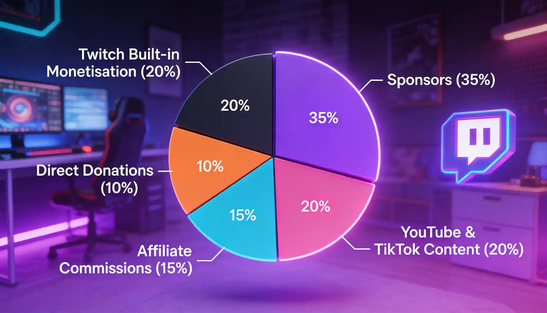 Twitch streamer revenue breakdown pie chart showing that successful mid-size streamers earn 60-80% of income off-platform &mdash; sponsors at 35%, YouTube and TikTok content at 20%, affiliate commissions at 15%, direct donations at 10%, and Twitch built-in monetisation (subs, bits, ads) at only 20% &mdash; demonstrating why relying solely on Twitch's official monetisation leaves most income on the table