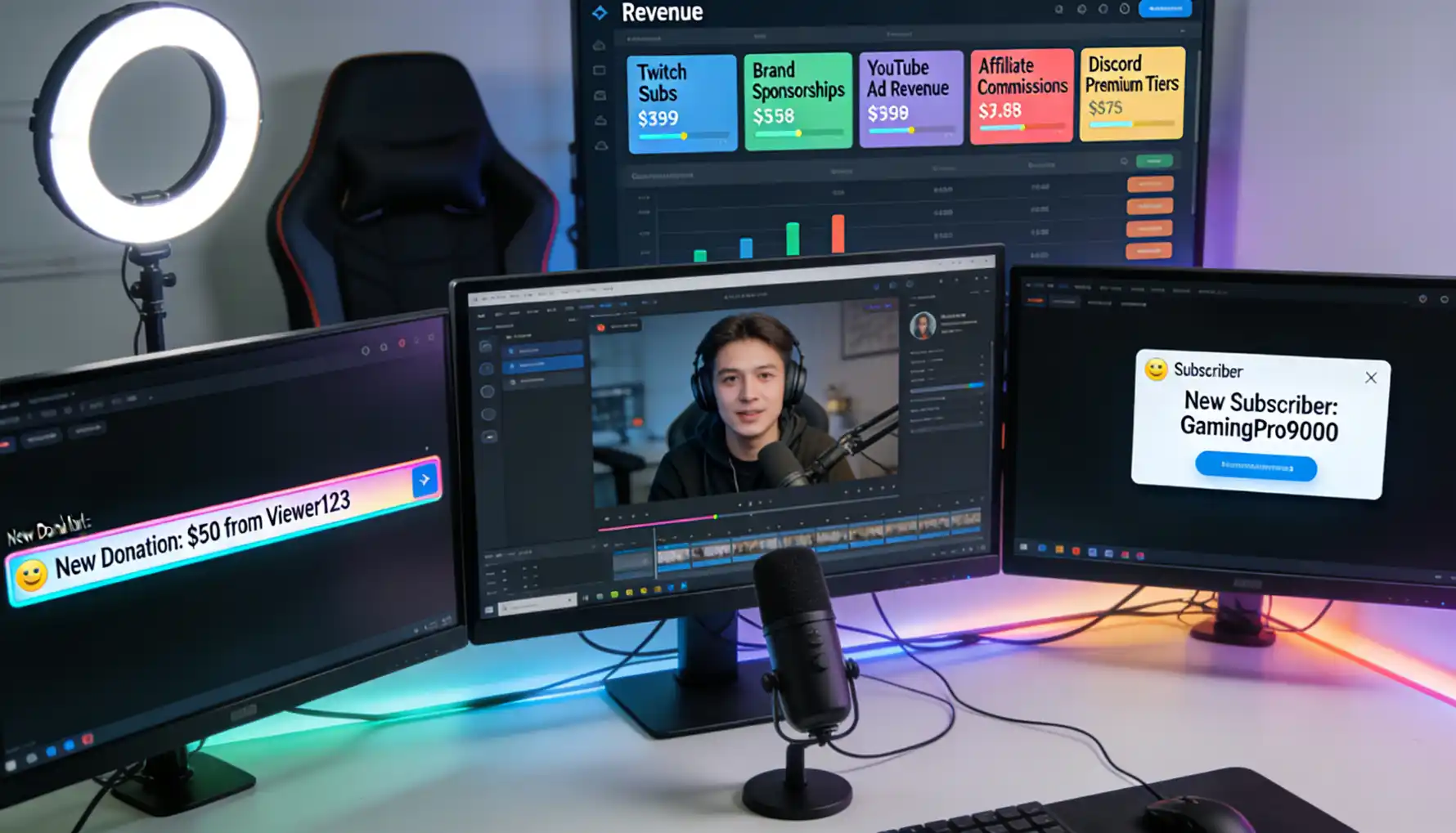 Twitch streamer setup showing a multi-monitor workstation with streaming software, donation alerts, subscriber notifications, and a revenue dashboard displaying income from multiple sources &mdash; Twitch subs, brand sponsorships, YouTube ad revenue, affiliate commissions, and Discord premium tiers &mdash; illustrating the diversified income approach that transforms streaming from a hobby into a business
