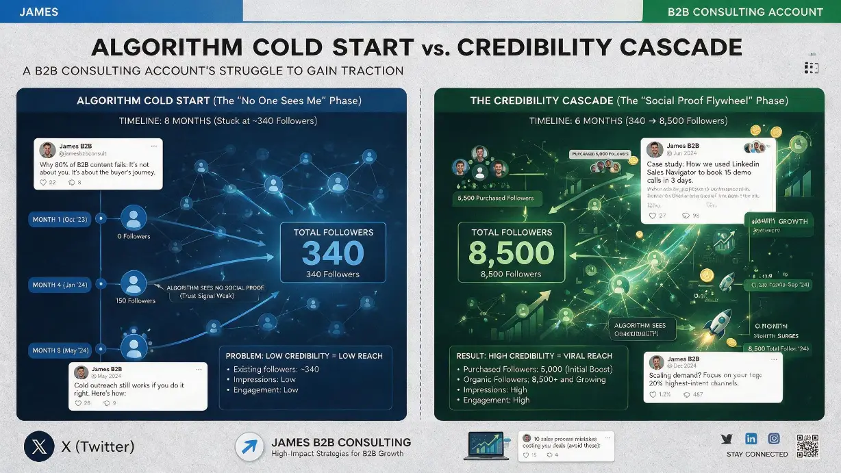 Twitter/X follower growth comparison showing James's B2B consulting account trajectory &mdash; left panel showing eight months of quality market insights and industry content stuck at 340 followers with 12-20 retweets per tweet due to the algorithm's cold-start problem for new accounts with no initial credibility signal, and right panel showing the six-month period after purchasing 5,000 followers where the increased perceived credibility combined with continued quality content caused the algorithm to show his posts to more users, resulting in organic growth from 340 to 8,500 followers &mdash; demonstrating how follower purchasing can break the initial momentum barrier when backed by genuinely good content