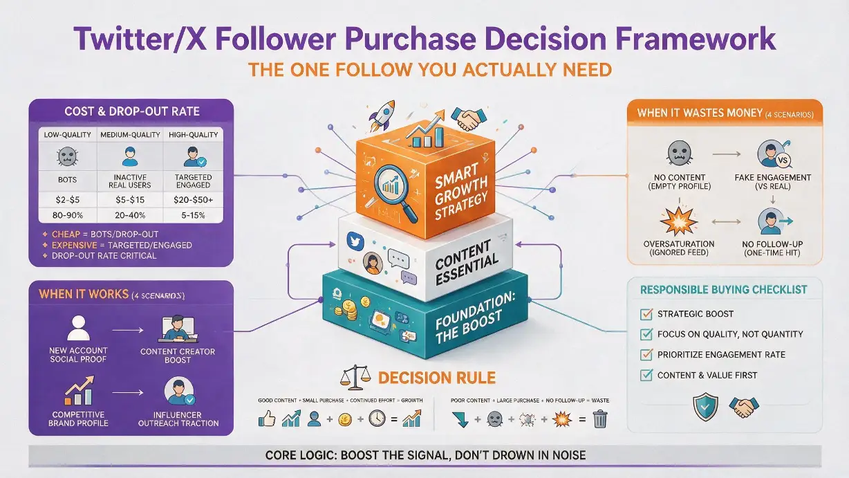 Twitter/X follower purchase decision framework showing the complete honest assessment &mdash; left column showing the three quality tiers of follower services with their respective prices and dropout rates, middle column showing the four scenarios where buying provides genuine strategic value versus four scenarios where it wastes money, and right column showing the responsible buying checklist of quality over quantity, gradual purchase rather than sudden spikes, immediate quality content posting after, and organic growth tracking &mdash; alongside the decision rule summary: good content plus small purchase plus continued effort can work, poor content plus large purchase plus no follow-up is always a waste