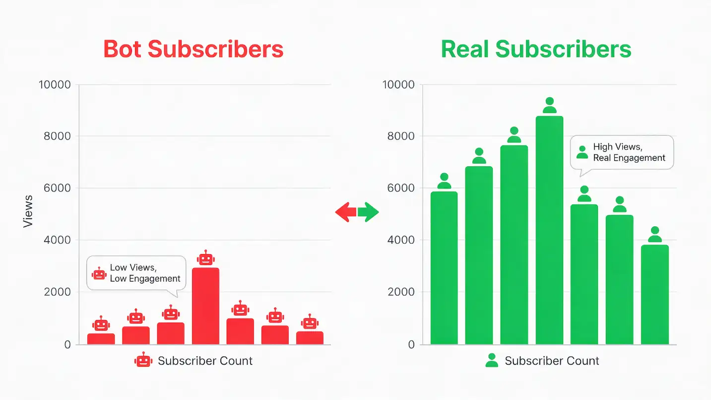 YouTube channel analytics graph showing the subscriber engagement rate damage caused by bot subscribers &mdash; left chart showing a channel with 2,000 real subscribers and 8% engagement rate receiving strong algorithmic distribution with videos reaching 15,000-25,000 views; right chart showing a channel with 5,000 subscribers but 2,000 bot accounts producing a 1.8% engagement rate receiving poor algorithmic distribution with the same quality videos reaching only 2,000-4,000 views &mdash; demonstrating the counterintuitive reality that bot subscribers actively suppress real reach by damaging the engagement rate signal YouTube's recommendation system uses to decide how widely to distribute a channel's content