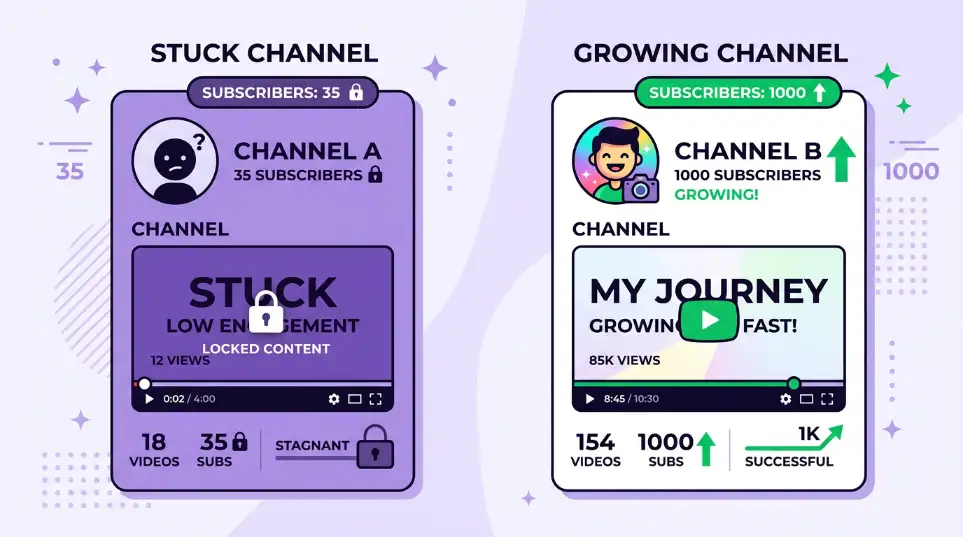 YouTube cold start problem diagram showing two channels with identical video quality and upload consistency &mdash; the first channel stuck at 43 subscribers after three months with the algorithm lacking confidence signals to recommend content, resulting in minimal organic reach; the second channel having received gradual real-account subscriber delivery to 1,000 reaching YPP eligibility threshold and gaining algorithmic credibility signals, with the algorithm beginning to recommend content in related video sections and browse features &mdash; alongside a note clarifying that the 1,000 subscribers alone does not achieve YPP eligibility and that 4,000 watch hours still must be earned through genuine viewer engagement, demonstrating that real-account subscriber services address the credibility gap problem but not the watch hours problem which requires genuine audience attention