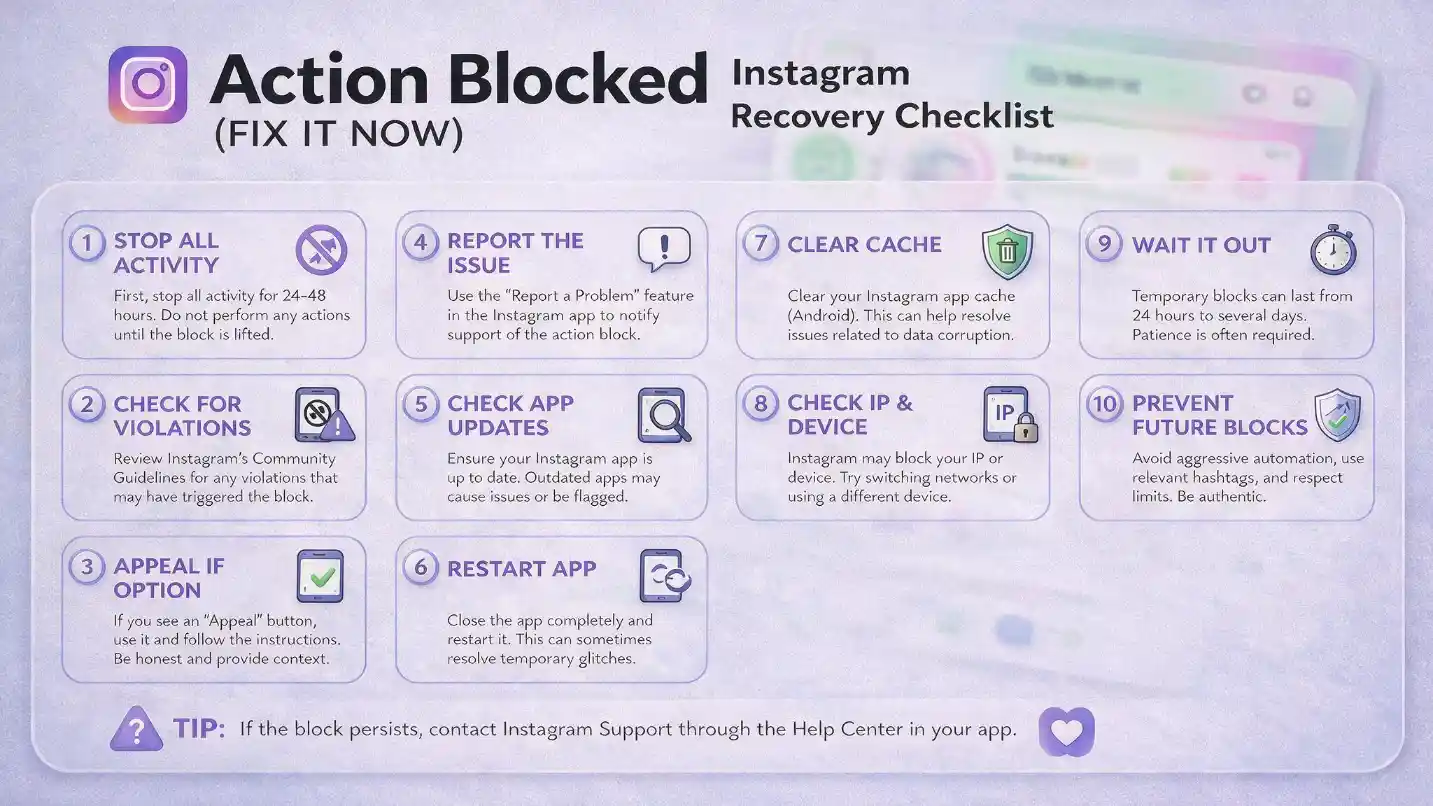 Instagram 'Action Blocked' fix checklist showing the ten recovery steps in sequence &mdash; Step 1 stop the blocked action immediately, Step 2 read the entire Instagram warning carefully for expiration date or review option, Step 3 check Instagram Account Status in Settings for removed content and restricted features, Step 4 remove suspicious third-party apps connected to the account, Step 5 change password if unauthorized access is suspected, Step 6 enable two-factor authentication, Step 7 update the Instagram app to the latest version, Step 8 restart phone and check internet connection, Step 9 give the restriction time to expire rather than repeatedly testing the blocked action, Step 10 report through Instagram's official process if the block appears to be a genuine error