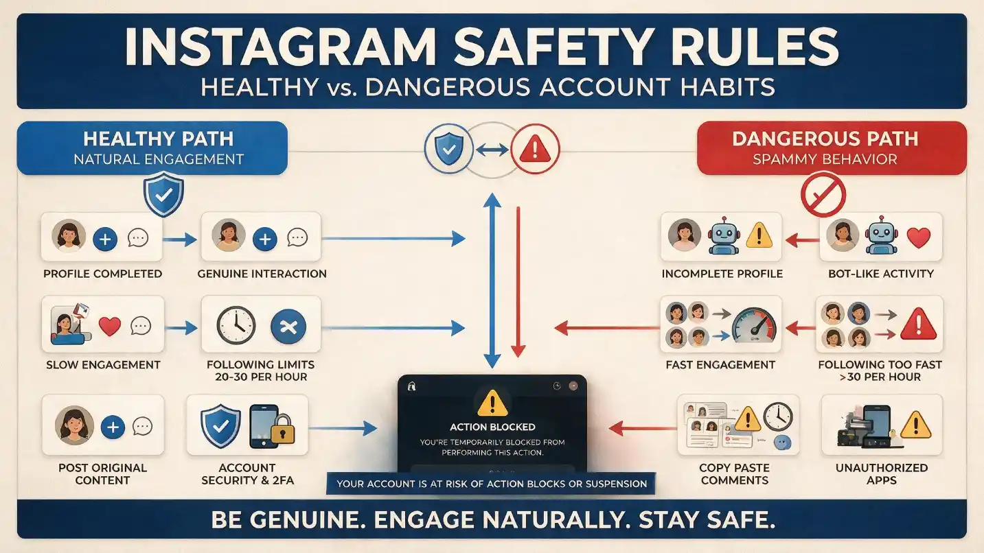 Instagram action block recovery summary visual showing the clear path forward for accounts experiencing action blocks in 2026 &mdash; the wrong path showing users trying VPN tricks, buying unblock services, creating new accounts, and repeatedly clicking the blocked action resulting in worsening restrictions; and the correct path showing stopping the blocked activity, checking Account Status, securing the account with 2FA, removing unauthorised third-party apps, waiting for the restriction to expire, and focusing on genuine natural engagement going forward &mdash; with the GTR Socials message that sustainable Instagram growth starts with understanding how the platform works rather than trying to exploit it