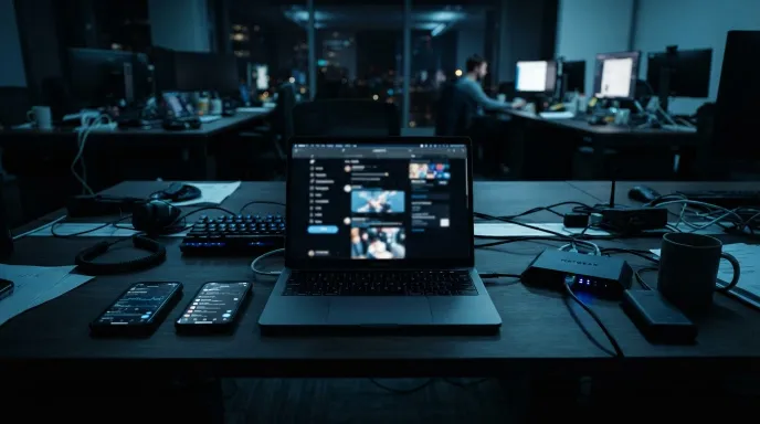 Dark desk at night with phones and a laptop used for TikTok and Instagram automation