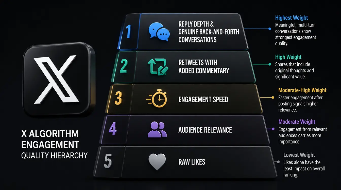 X algorithm engagement quality hierarchy diagram showing five tiers &mdash; reply depth and genuine back-and-forth conversations at highest weight, retweets with added commentary second, speed of initial engagement third, audience relevance fourth, and raw metrics like likes at lowest weight &mdash; with Casey's fintech debate post as a case study showing 120 substantive replies outweighing the algorithmic value of a hundred perfectly-timed posts with no replies